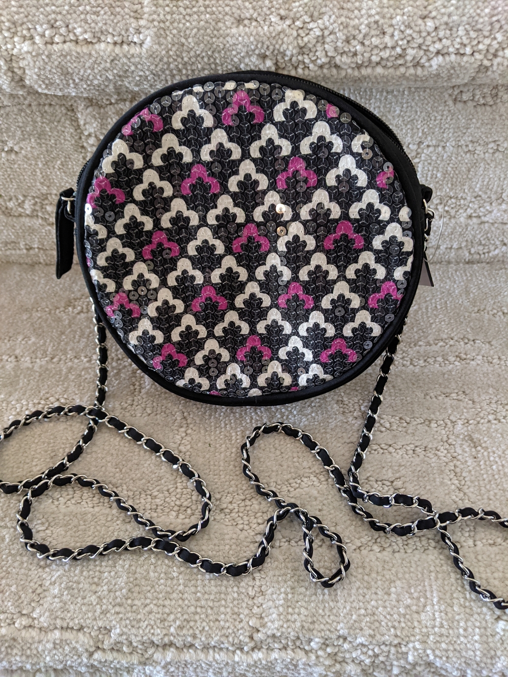 Vera Bradley Round Sequined Crossbody in Black, White & Pink